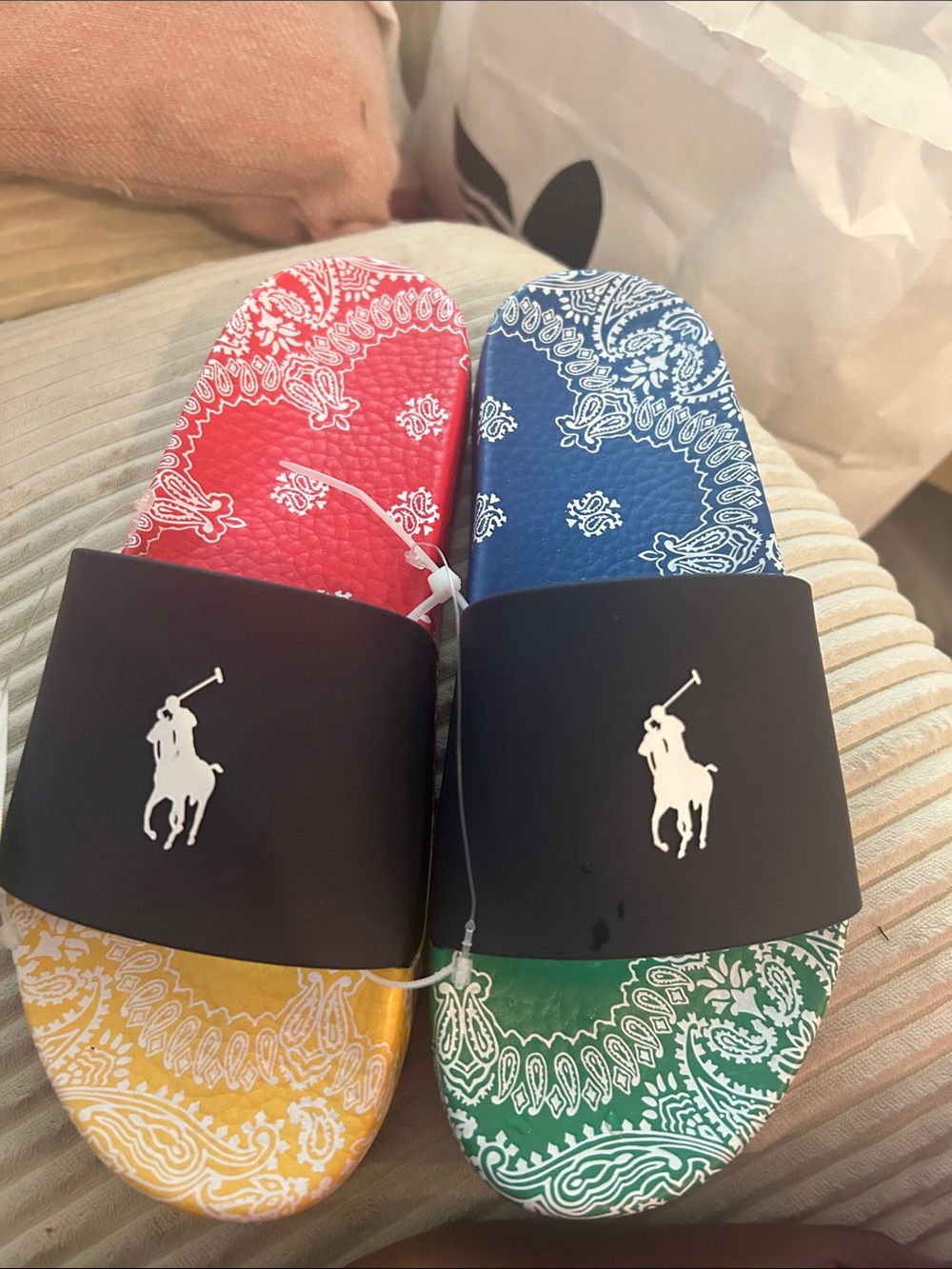 Polo by Ralph Lauren Black-Strap Slide Sandals with Multicolor Bandana Footbeds
